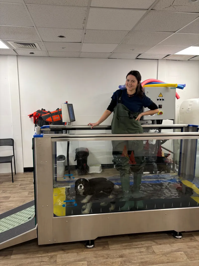 Lynsey McArthur, Animal Physiotherapist, beside the water treadmill at The Veterinary Wellness Centre